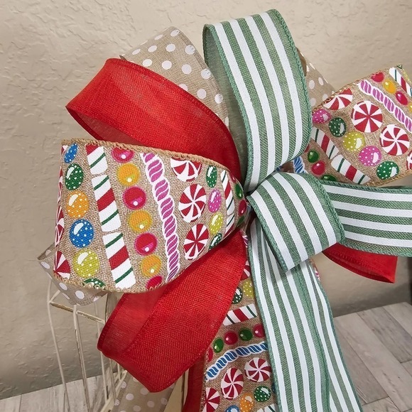 Candy Bow, Handmade Christmas Bow, Winter Bow, Whimsical Bow, Tree Topper - Picture 4 of 11